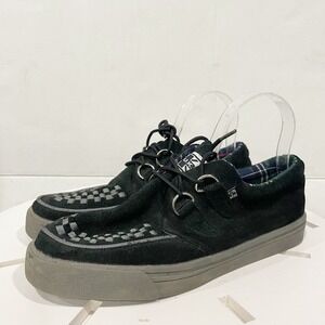 T.U.K. Black Suede Creeper Style Shoes Sz 6 Checkered Plaid Accents Skull Bottom